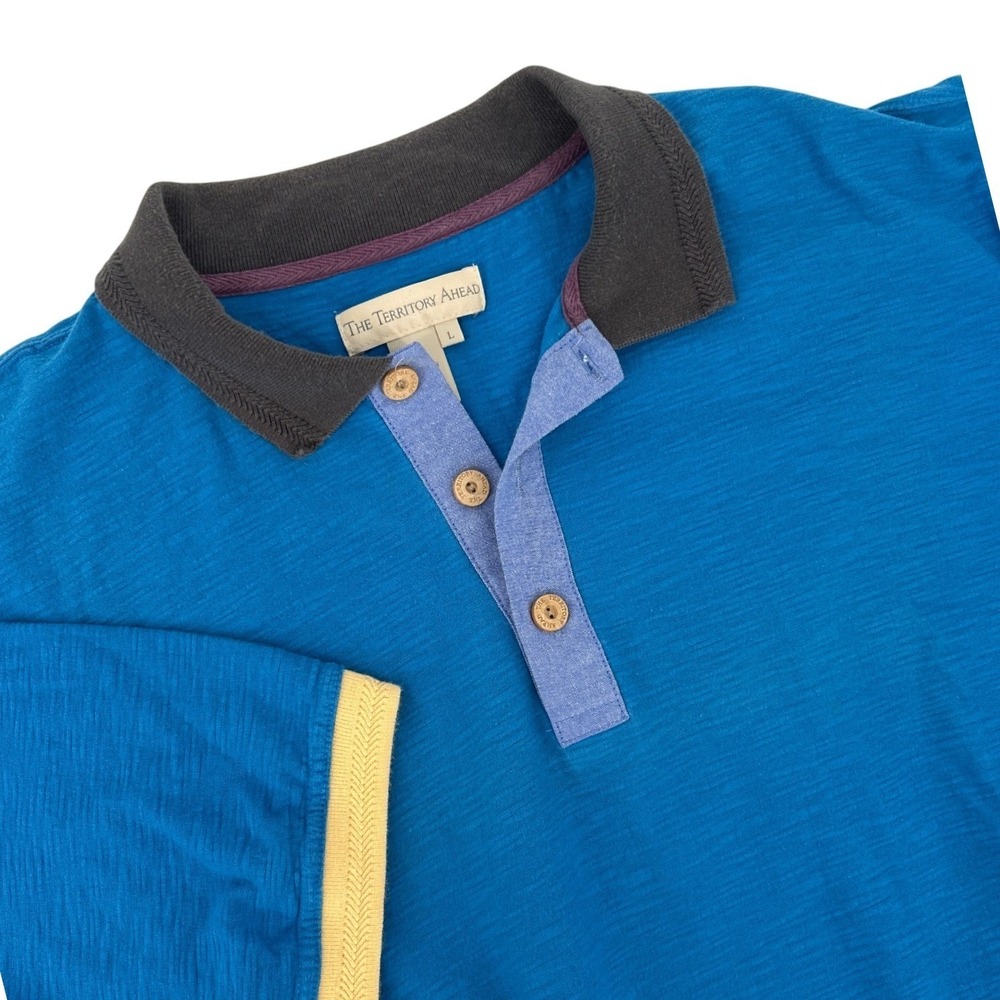 The Territory Ahead Mens Large Cotton Slub Polo Shirt Blue Colorblock Short Slev